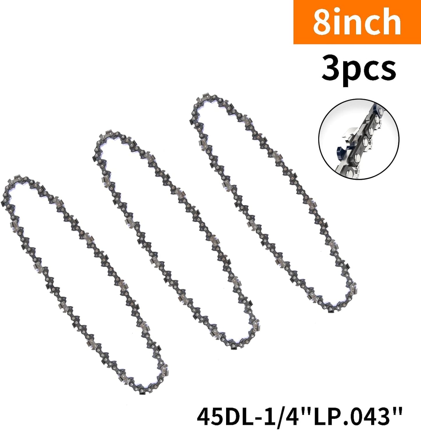 Skiennix 8-Inch Mini Chainsaw Chain - Replacement 1/4" LP Pitch .043" Gauge | 3-Pack of 45 Drive Links