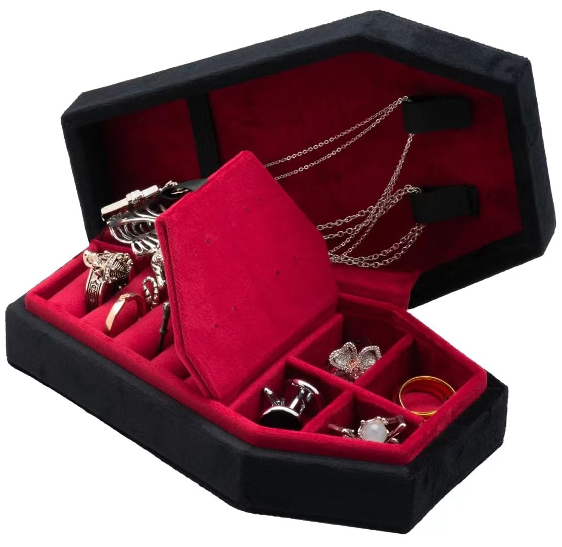 Giftop Velvet Coffin Jewelry Travel Case Holder for Gothic Wedding Ceremony,Gothic Jewelry Organizer Decoration (Black Red 4 Grid)