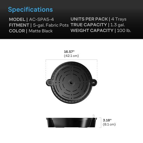 AC Infinity Self-Watering Fabric Pot Base - 4-Pack Auto-Irrigation System with Reservoir Meter for Indoor & Outdoor Gardens