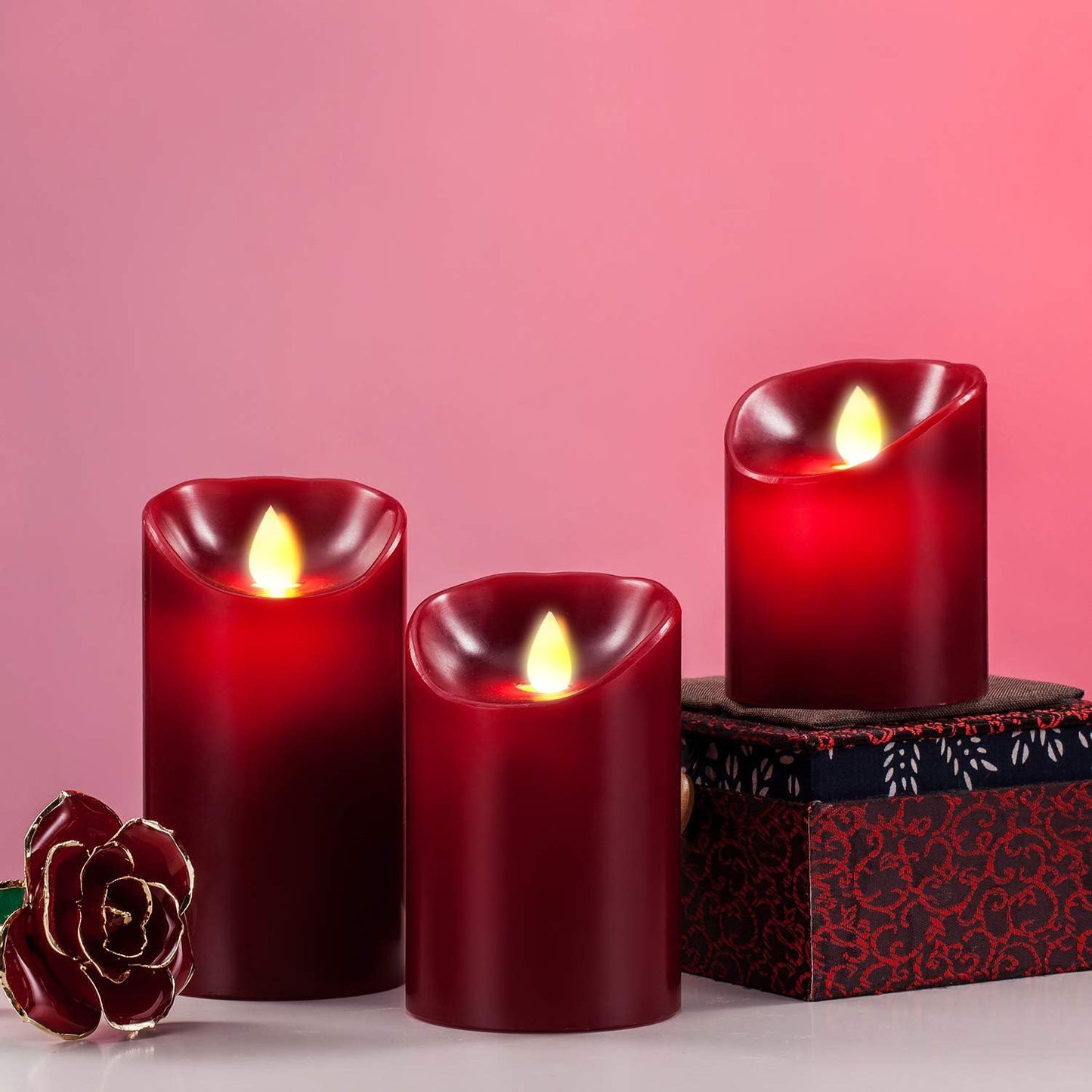 Flameless LED Drip-Less Wax Pillar Candles Set of 3 - Realistic Flickering Motion, Burgundy with Remote & 24-Hour Timer