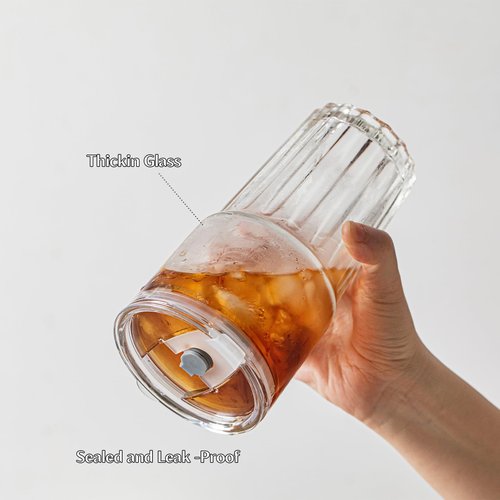 INSETLAN 20 oz Clear Glass Tumbler Set with Lids and Straws – 4-Pack Iced Coffee Cups with Glass Straws & Brushes, Reusable Drinking Glasses for Smoothies, Tea, Juice, Beer, Cold Beverages