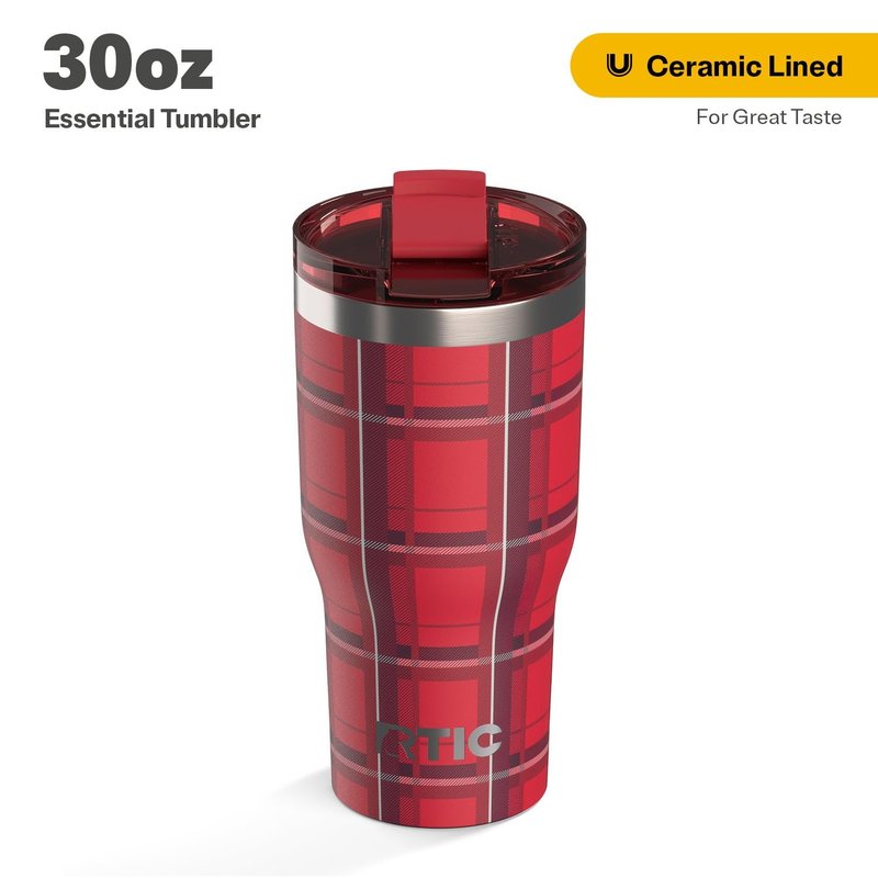 RTIC 30oz Essential Tumbler with Lid, Ceramic Lined, Insulated, Stainless Steel, Metal, Double Wall Vacuum-Insulation, Travel Cup for Iced Coffee, Tea, Hot and Cold Drink, Red Plaid