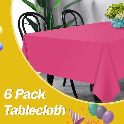 Hot Pink 6 Pack Plastic Table Cloth 54" x 108", Disposable Tablecloths Rectangle Table Cover, Plastic Tablecloths for Parties
