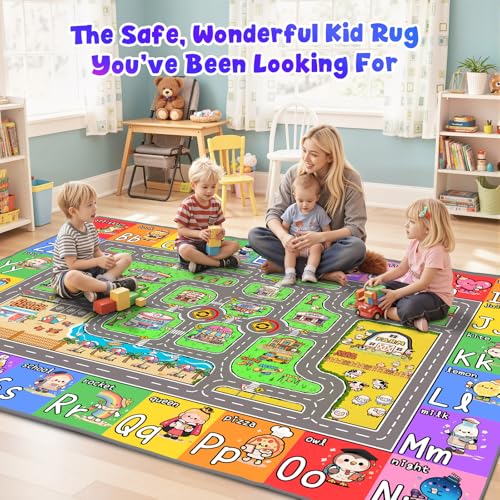 Town Road Kids Play Rug 8x10 ft - Educational City Map for Classroom & Playroom