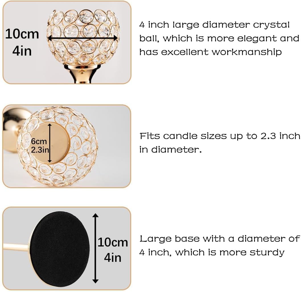 Gold Crystal Candle Holders Set of 2 - Elegant Pillar Candlesticks for Weddings & Home Decor