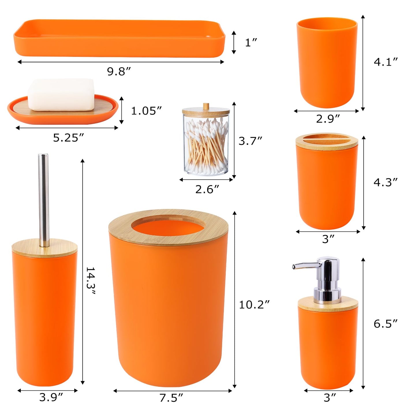 SLDIYWOW 9 Pieces Orange Bathroom Accessory Set, Plastic Bathroom Accessories Set with Trash Can,Soap Dispenser,Toothbrush Holder,Toothbrush Cup,Soap Dish,Toilet Brush and Q-tip Holders for Bathroom