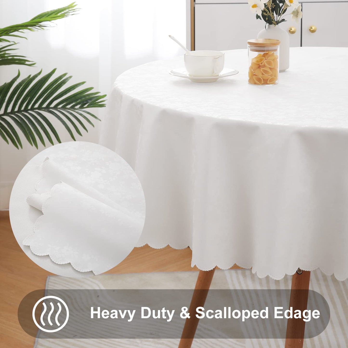 Smiry Round Table Cloth, Waterproof Heavy Duty Vinyl Tablecloths, Wipeable Washable Table Cover for Kitchen and Dining Room (White, 70" x 70")