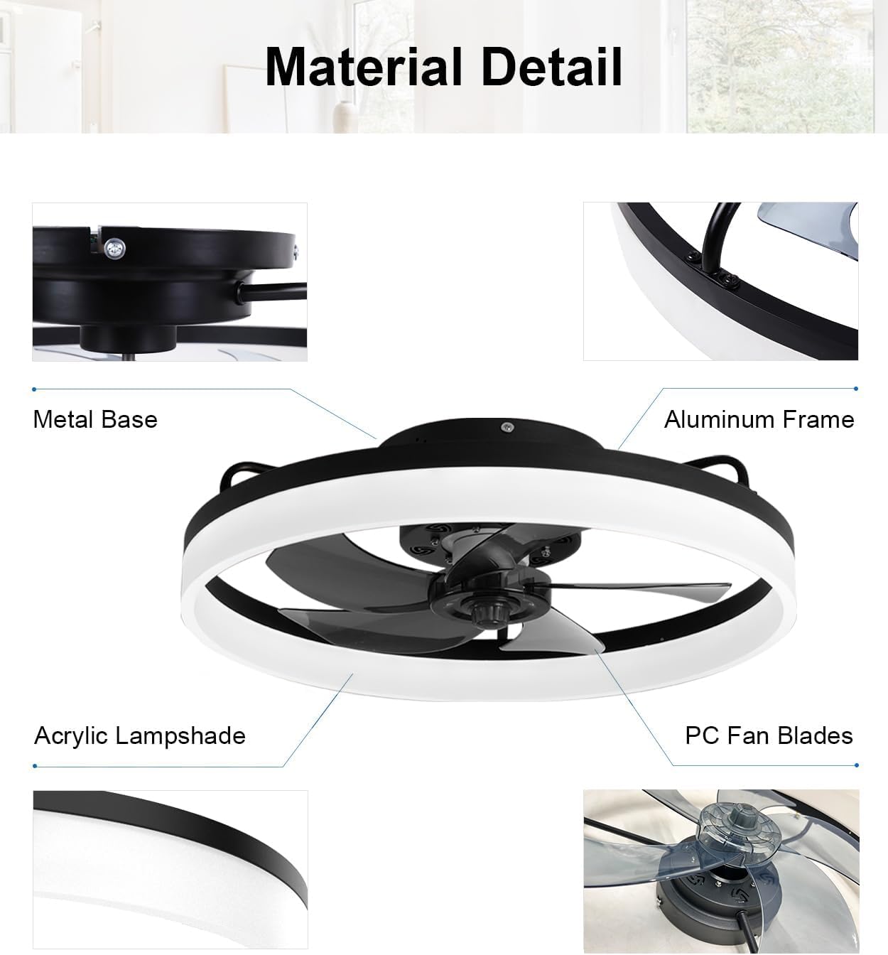 20" Ceiling Fan with Lights, Dimmable LED 6 Speeds Reversible Blades Timing with Remote Control, Semi Flush Mount Low Profile Fan, Black