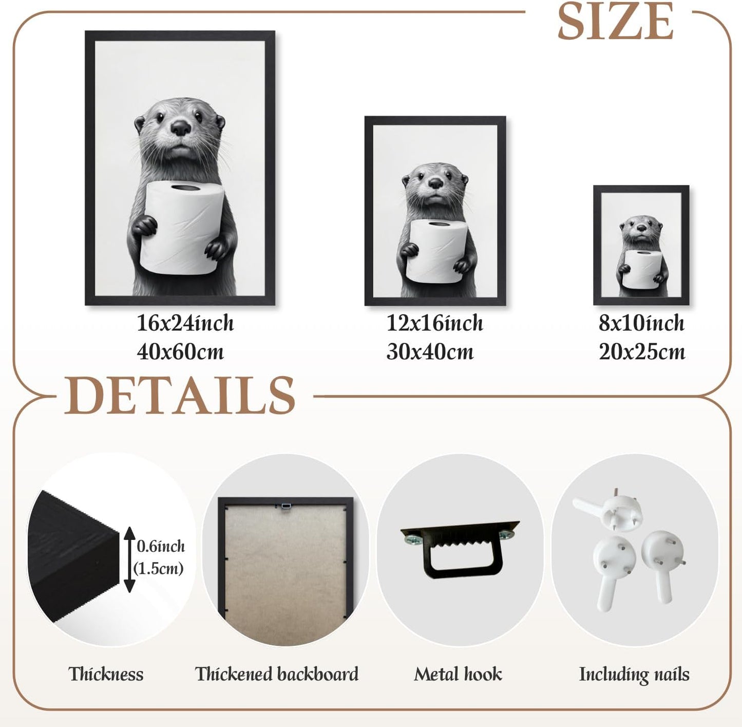 LLEEMPI Otter Toilet Paper Wall Art - Modern Minimalist Black & White Canvas Print | 12x16 Inch Framed Decor