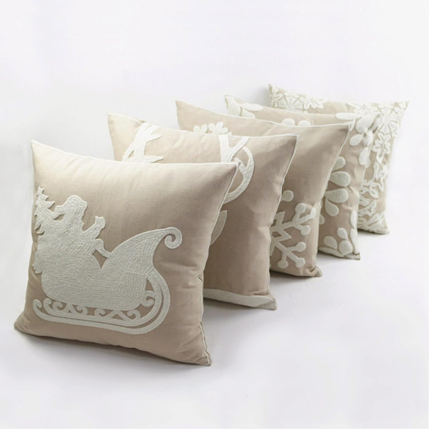 Christmas Pillow Cover 18x18 - Embroidered Sleigh & Snowflakes - Winter Decorative Cushion for Sofa & Bed