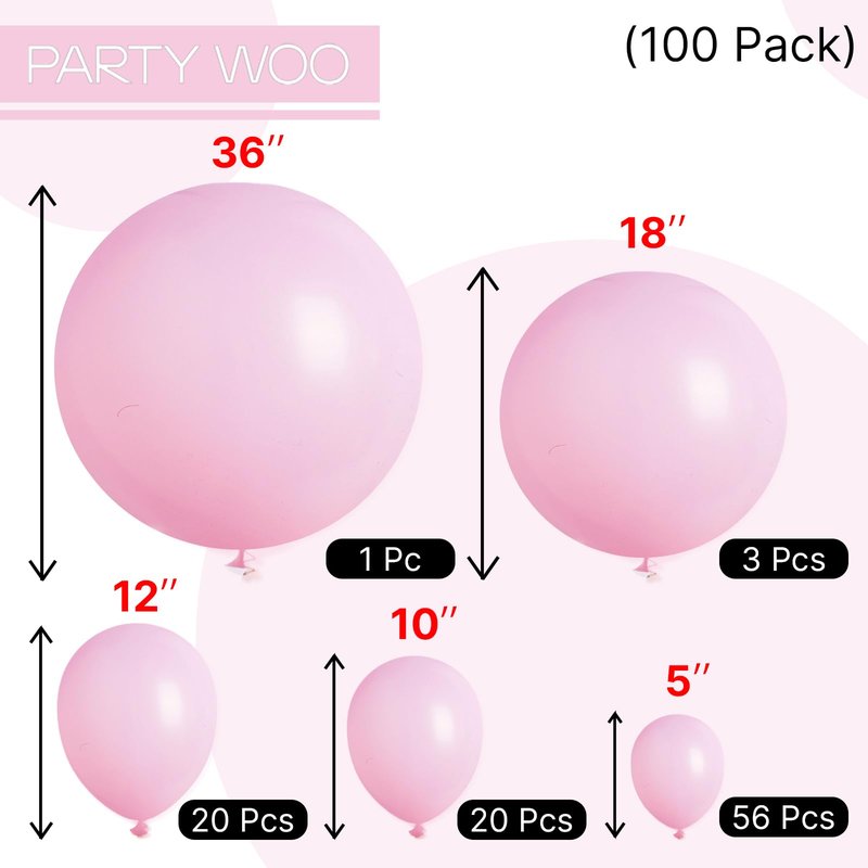 PartyWoo Baby Pink Balloons 100 pcs Different Sizes of 36 18 12 10 5 Inch Pastel Pale Light Pink Balloons Arch Kit Garland for Baby Shower Gender Reveal Birthday Princess Party Decorations Pink-Q05