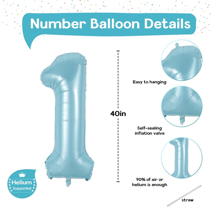 Light Blue 1 Balloon Number for 1st Birthday, 40 Inch Large Number Foil Balloons, Self Inflating for Kids Boys Men Age Birthday Party Anniversary Party Decoration Supplies