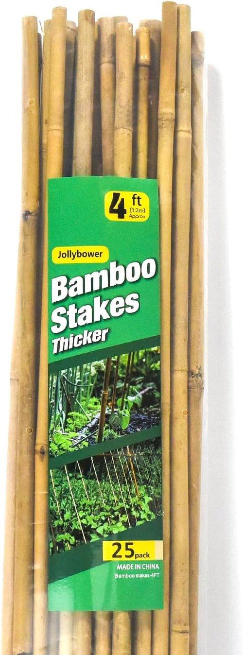 Jollybower 25pcs Heavy Duty Bamboo Plant Stakes - 4FT Natural Support for Tomatoes, Beans & Flowers