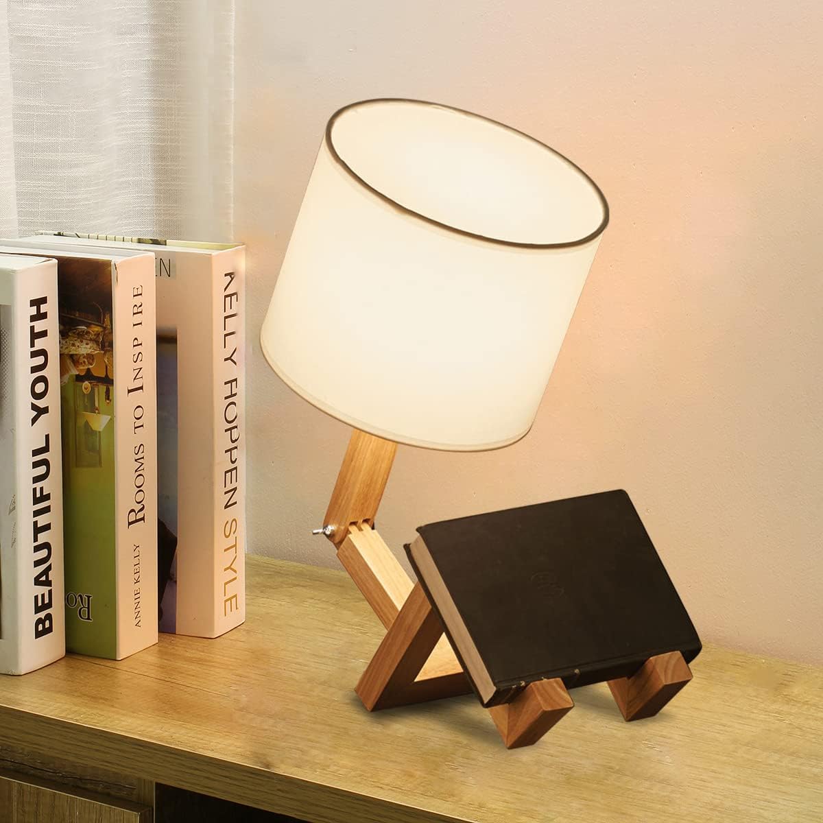 ELINKUME Robot Desk Lamp Set of 2, Creative Bedside Lamp for Bedroom,Wooden Lamp Body Adjustable,DIY E26 Living Room Table Lamps with Fabric Shade,Modern Indoor Decorative Lighting, TB-QBT005-WHM2