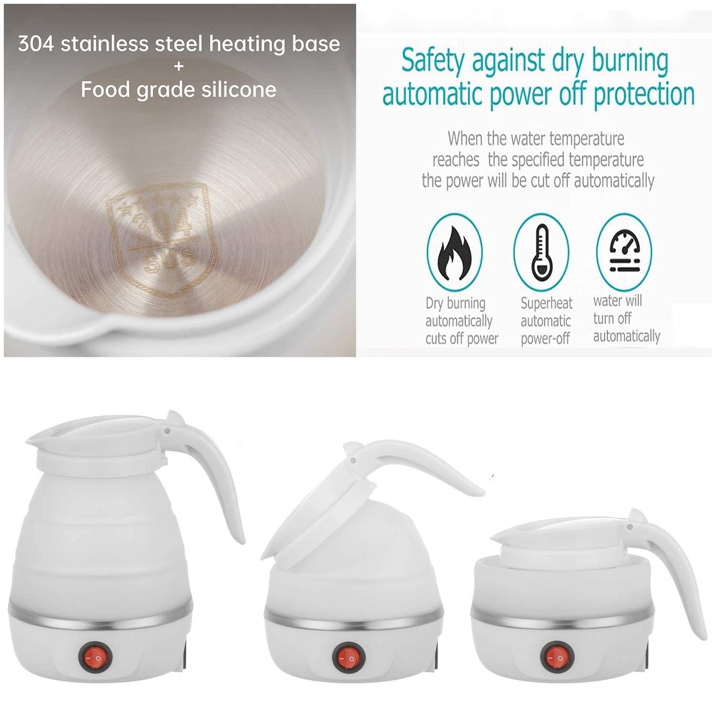 Foldable Electric Kettle, Upgraded Food Grade Silicone,400W 600ML Flash Heat Small Portable Travel Electric Kettle,110V US Plug (White)