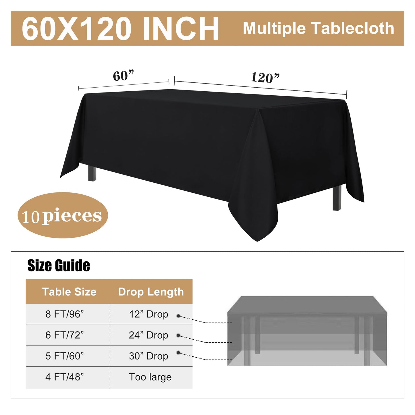 sancua 10 Pack Black Tablecloth 60 x 120 Inch, Rectangle Table Cloth for 8 Feet Tables - Stain and Wrinkle Resistant Washable Polyester Table Cover for Dining Tables, Buffet Parties and Camping