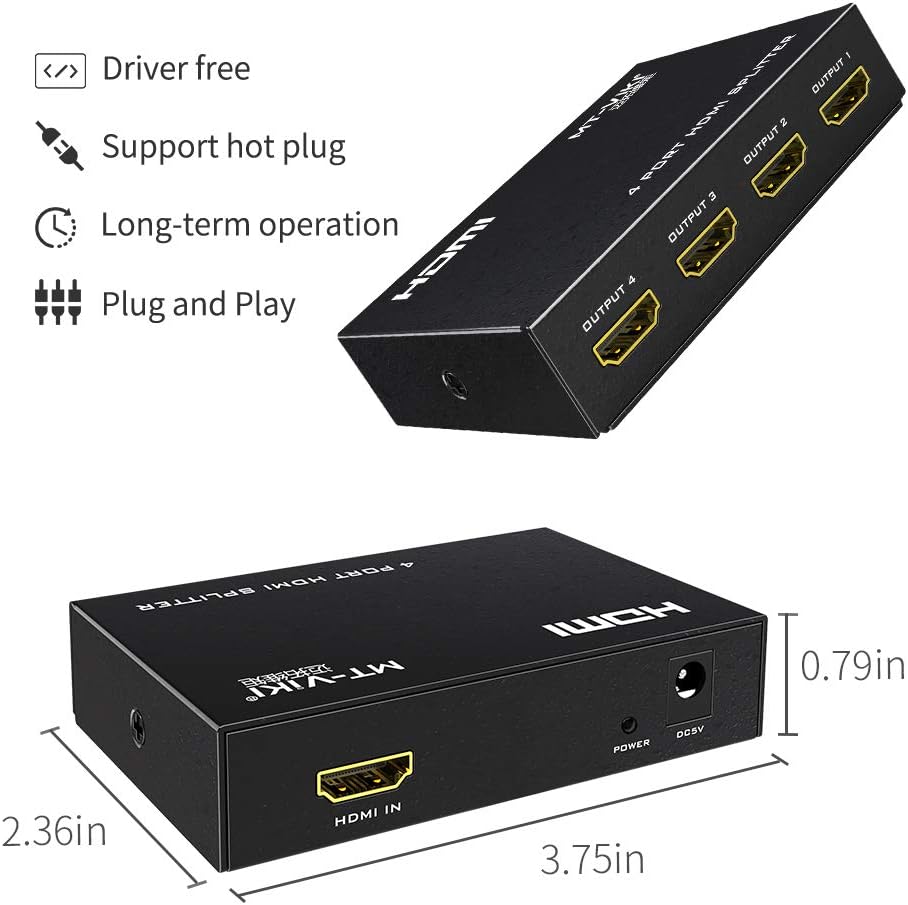 MT-ViKI HDMI Splitter - 1 In 4 Out 4K 30Hz Powered Distributor for Gaming Consoles & PCs | Includes Power Adapter