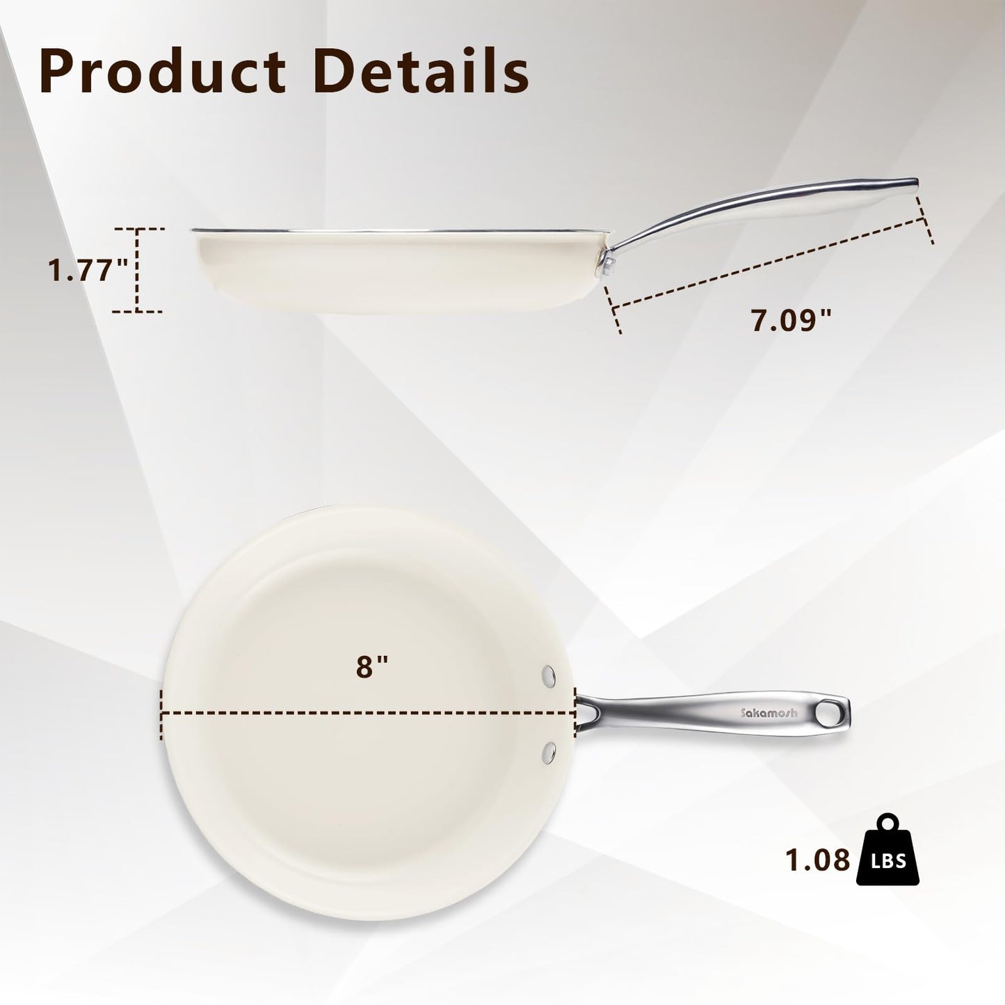 SAKAMOSH 8" Ceramic Frying Pan Nonstick, Small Skillet, Cooking Pan Non Toxic with Stay Cool Handle for Induction, Chef's Pan, PTFE & PFAS & PFOA Free, Dishwasher/Oven Safe, White