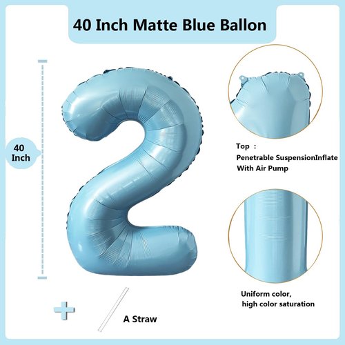 40 Inch Matte Blue 2 Number Balloons Light Blue Number 2 Foil Balloon Mylar Helium Balloon for Birthday Party Decoration Wedding Anniversary Supplies (Number 2)