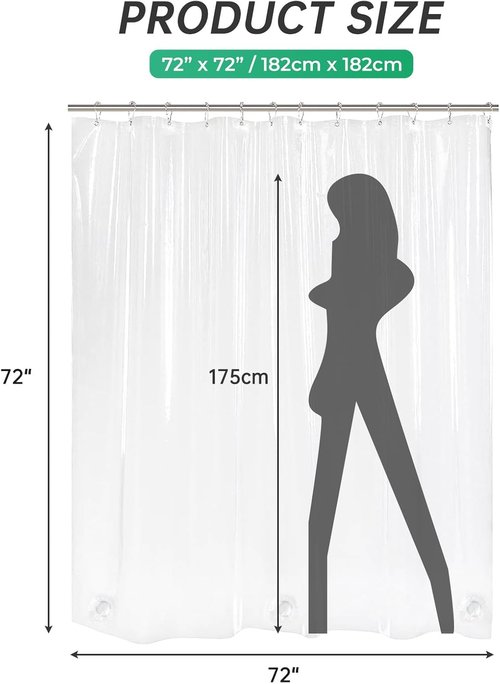 AmazerBath Heavy-Duty Clear PEVA Shower Curtain - Waterproof 70 x 72 Inches with 3 Weighted Stones