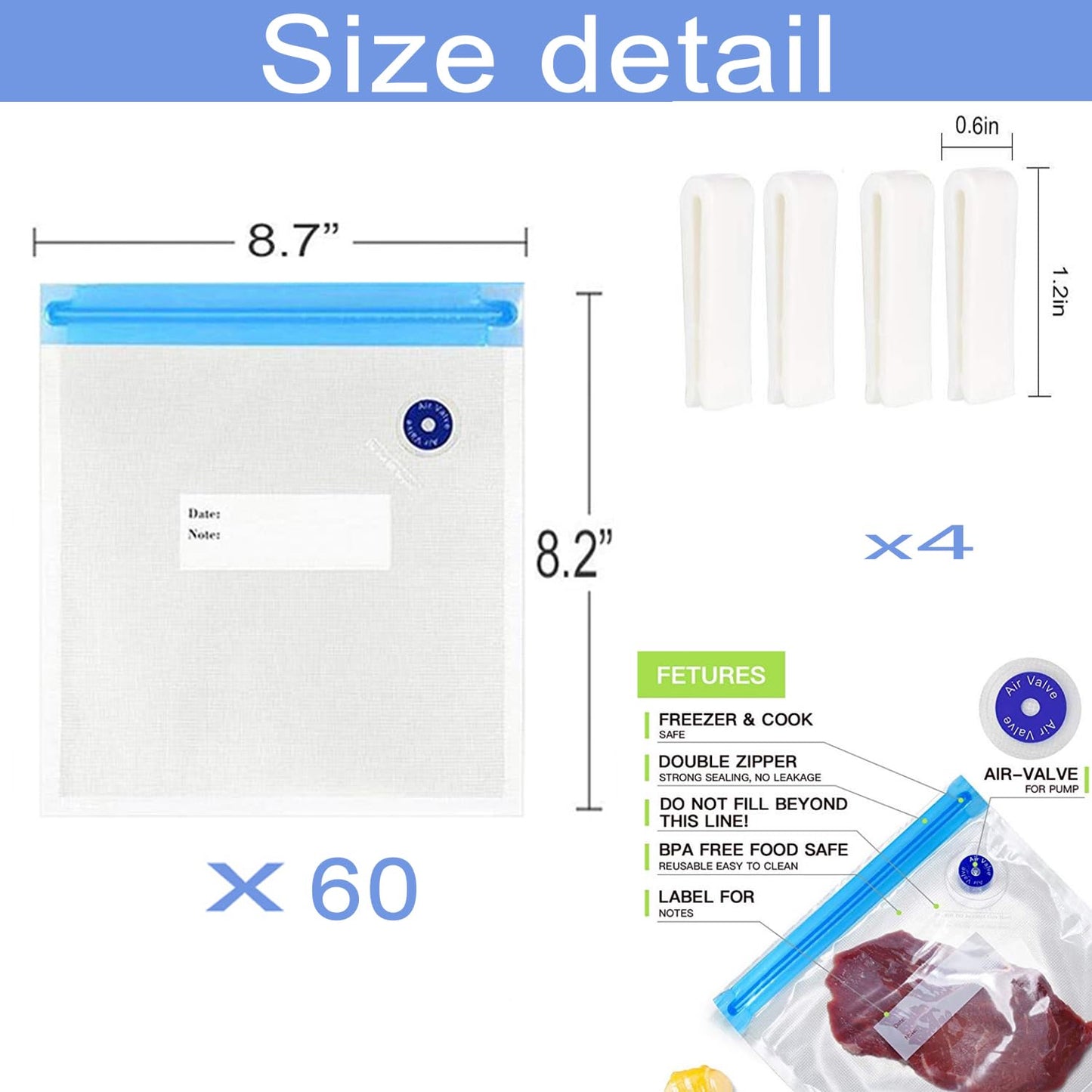 Sous Vide Bags 60pcs Reusable Vacuum Sealer Bags with 4 Sealing Clips, Reusable Vacuum bags for Food Storage and Sous Vide Cooking (8.2x8.7 Inch)