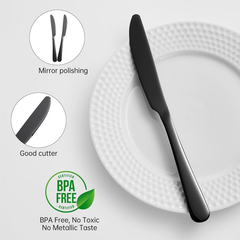 MNLWSP Butter knives 16pcs Food-Grade Stainless Steel black knife 9inch dinner knives seamless black silverware easy to clean Dishwasher Safe