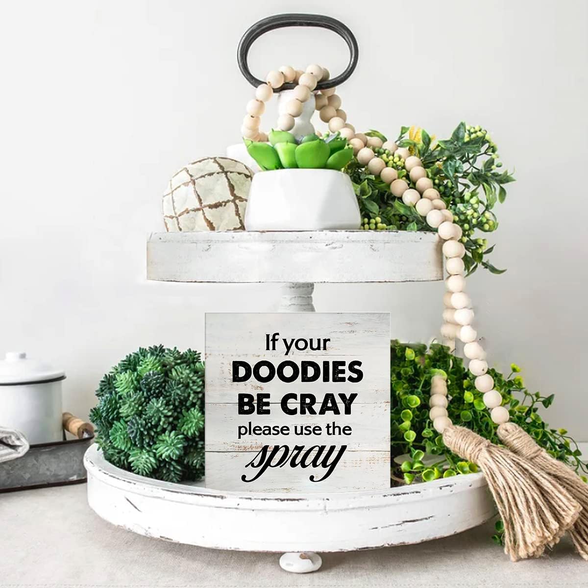 Rustic Bathroom Sign - Funny Wooden Box Decor for Farmhouse Style | 5x5 Inch Humor Restroom Decor