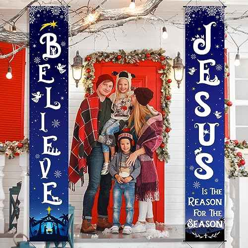 Tiamon Christmas Front Porch Banners Winter Religious Nativity Scene Sign Holiday Hanging Banner Xmas Decoration for Front Door Believe Jesus Is the Reason for the Season 12 x 71 Inch (Snowflake)