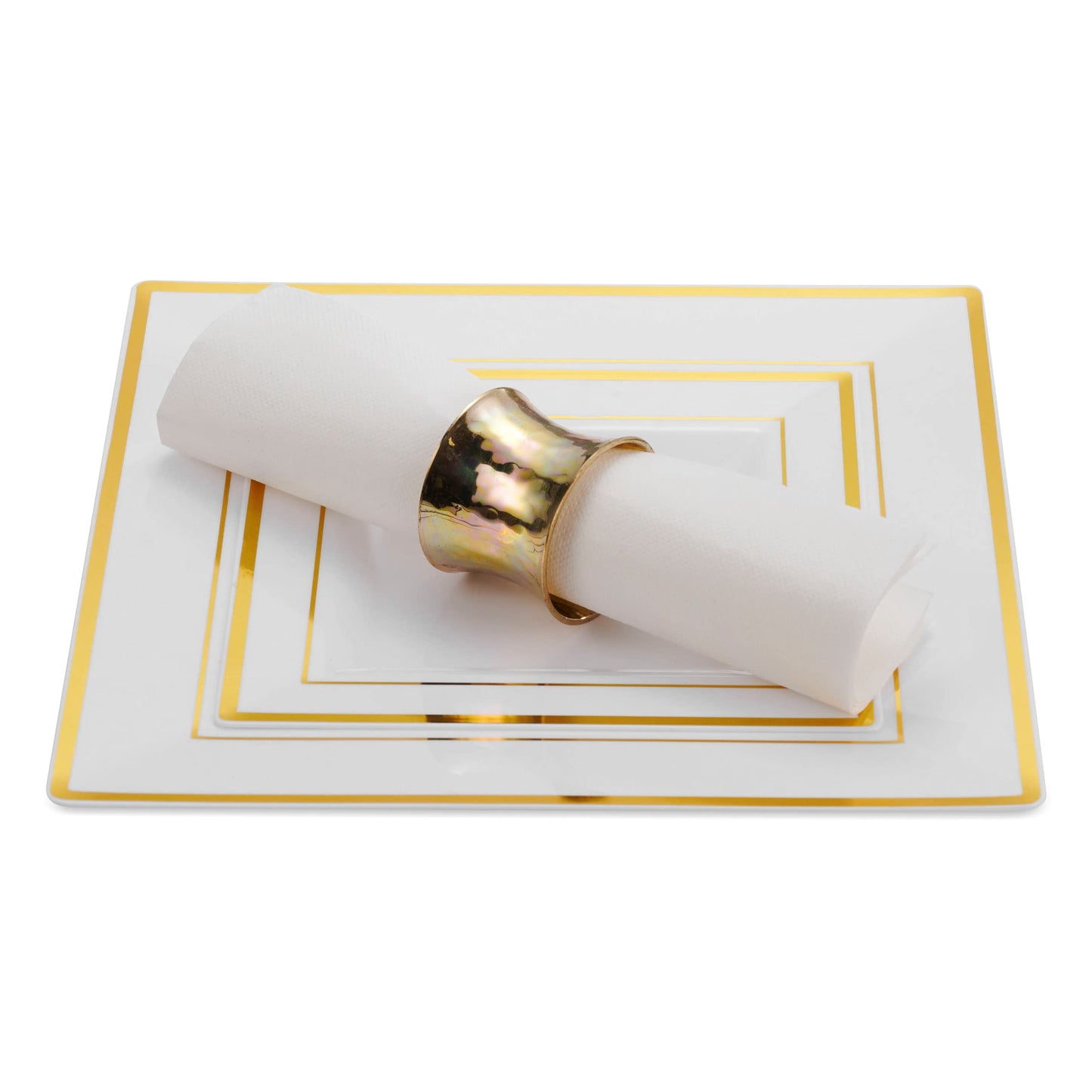 Gold Disposable Plates Set For 50 Guest - 350 Piece Gold Plastic Dinnerware Set - 100 Gold Rimmed Square Plastic Plates, 50 Gold Rimmed Plastic Cups, 50 Paper Napkins, 50 Gold Silverware Set