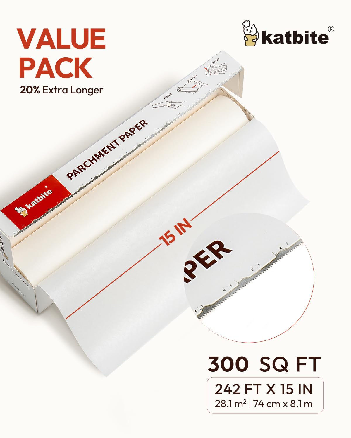 Katbite 15in x 242ft, 300 Sq.Ft Value Pack Parchment Paper Roll for Baking, Parchment Baking Paper with Serrated Cutter, Heavy Duty & Value Pack Roll for Cooking, Air Fryer, Steaming, Bread