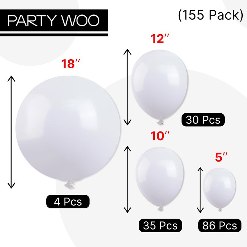 PartyWoo White Balloons 155pcs Different Sizes Pack of 18 12 10 5 Inch Matte White Latex Balloon Arch Kit Garland for Wedding Bridal Graduation Baby Shower Birthday Party Decorations White-Y13