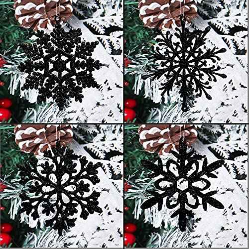 Glitter Snowflake Ornaments, Black Snowflakes Halloween Christmas 40pcs Hanging Decorations for Xmas,Holiday and Party