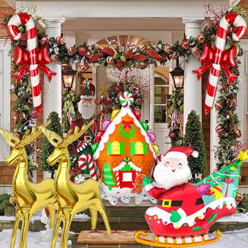 Sleigh Santa Christmas Balloons Set with Reindeer & Candy Cane Foil Balloons - 6PCS Holiday Decor