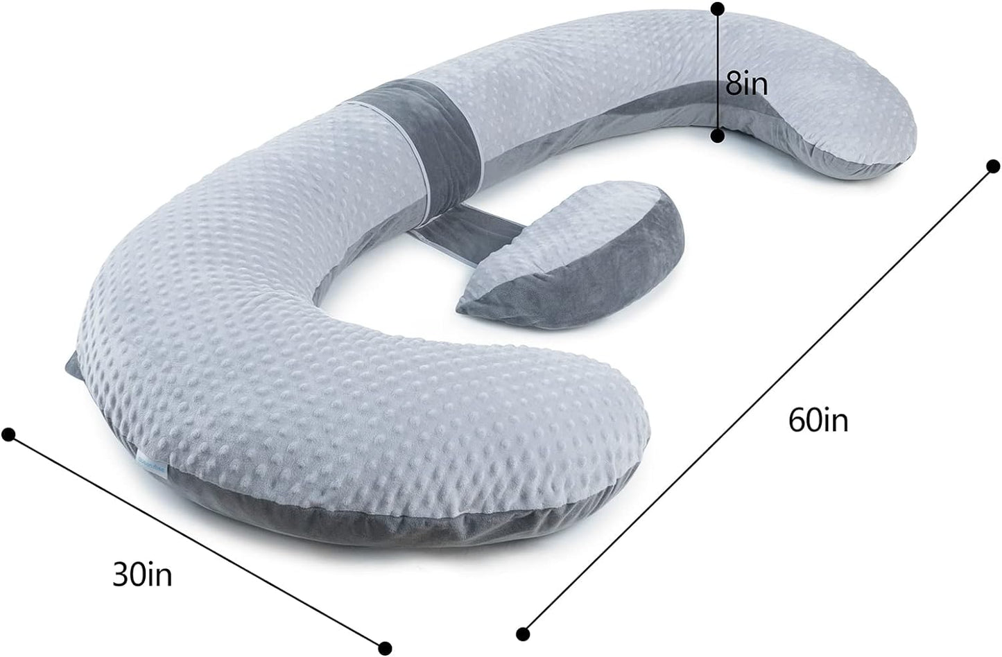 Queen Rose E-Shaped Pregnancy Pillow - Adjustable Full Body Maternity Support, 60 Inch, Grey Velvet Cover