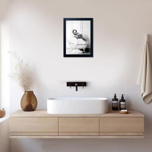 Framed Bathroom Art - Elephant in Bathtub Canvas Print | Funny Black and White Decor