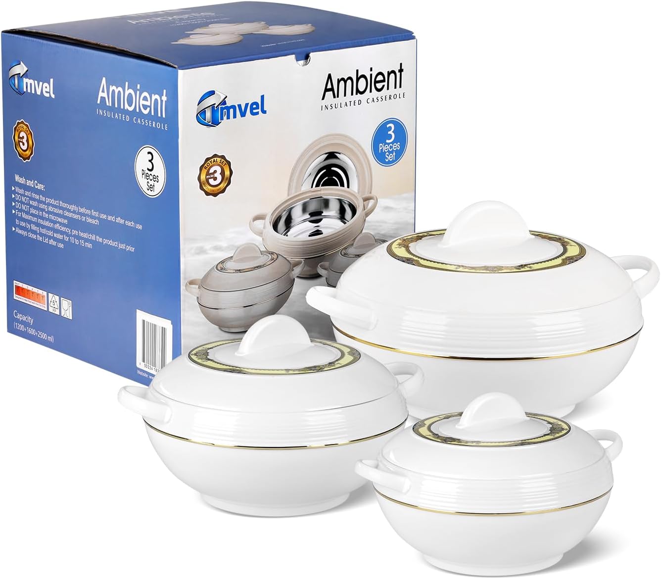 Ambiente Food Warmer Hot Pot Set Of Insulated Casseroles 1.2 1.6 And 2.5 Litre (White)
