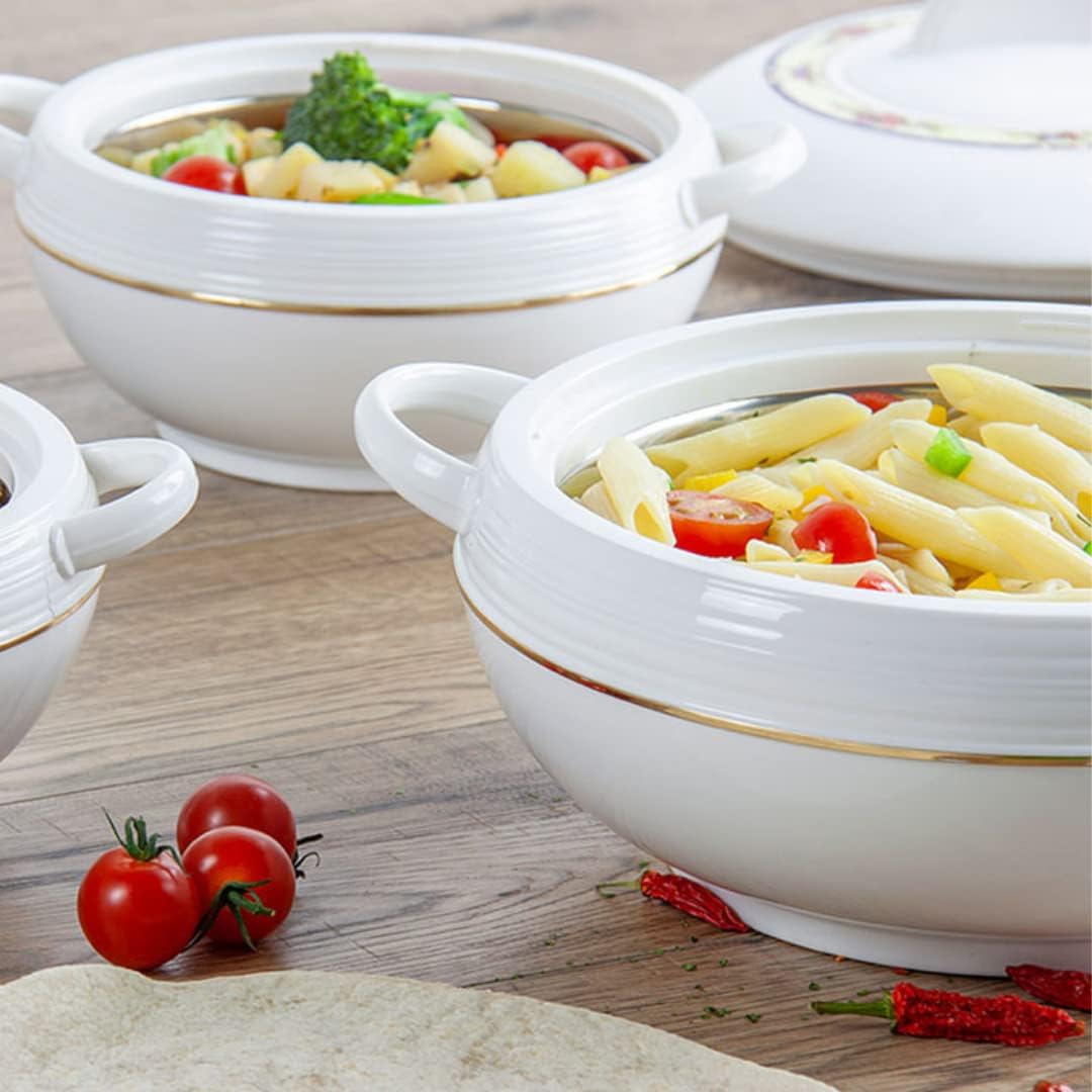 Ambiente Food Warmer Hot Pot Set Of Insulated Casseroles 1.2 1.6 And 2.5 Litre (White)