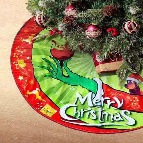 Christmas Tree Skirt Red & Green Merry Christmas Tree Collar Soft Farmhouse Xmas Monster Holiday Decoration (36 INCHES)