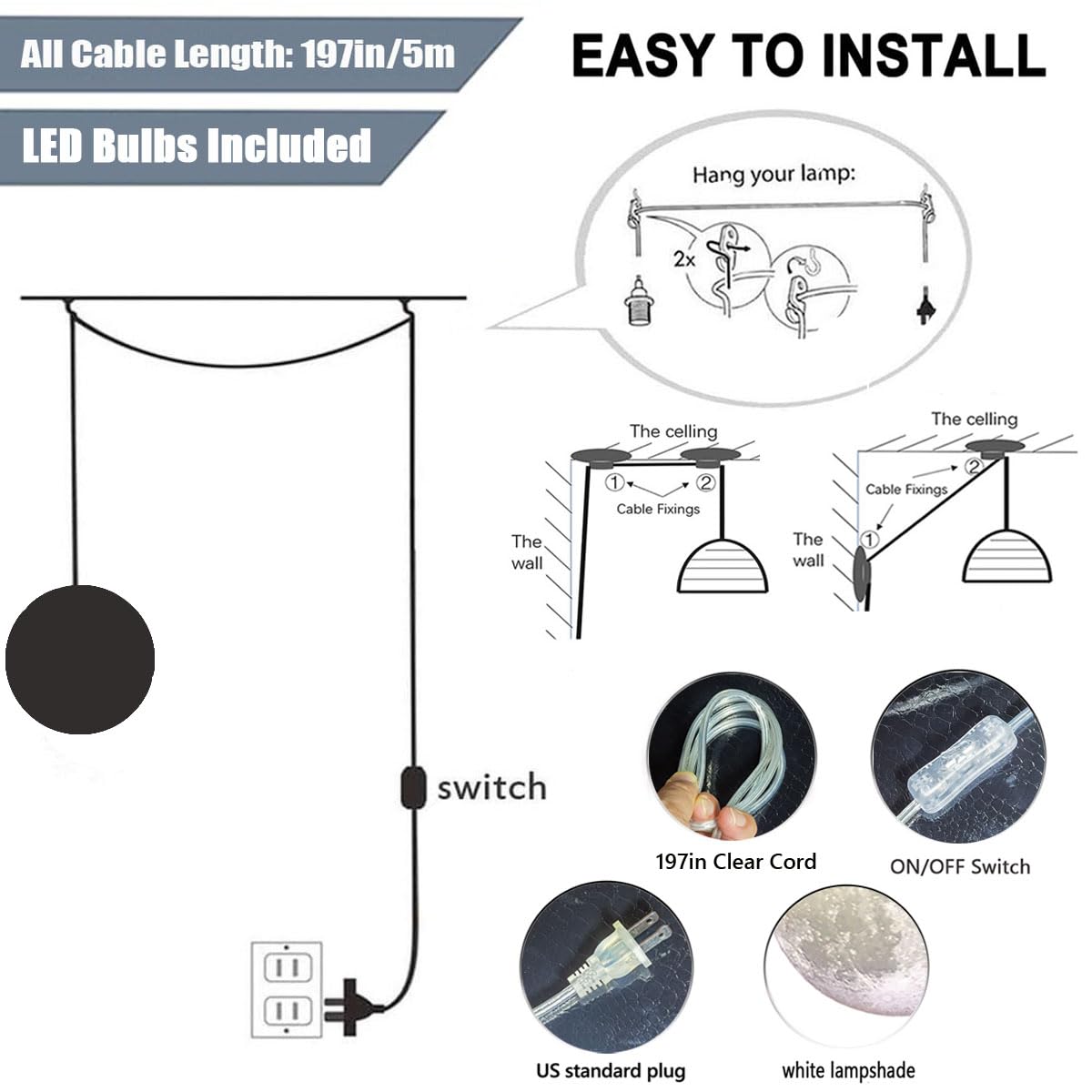 JLOWCO Plug in Pendant Lighting,Hanging Lamps That Plug Into Wall Outlet White,Light Fixtures Ceiling Hanging Lights with Plug in Cord and Switch,Led Moon Lights for Kids Bedroom(Bulb Included)