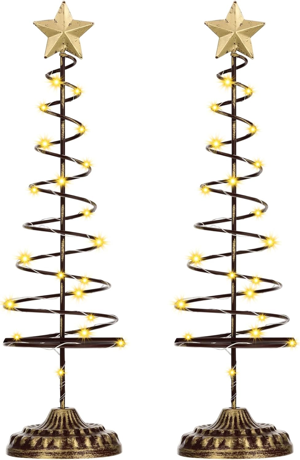 Skiennix Lighted Christmas Tree Table Decoration - Set of 2 Prelit Mini Trees with Golden Star | Battery Operated, Gold