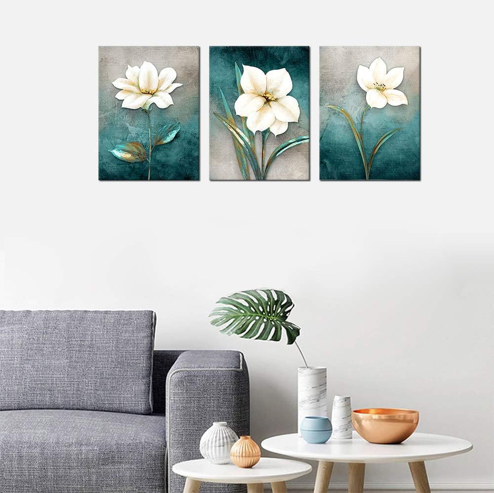 Flower Canvas Wall Art Cream White Floral Wall Decor Turquoise Tealish Grey Background Canvas Picture Modern Rustic Artwork Bathroom Bedroom Living Room Home Office Decoration 16" x 24" x 3 Pieces