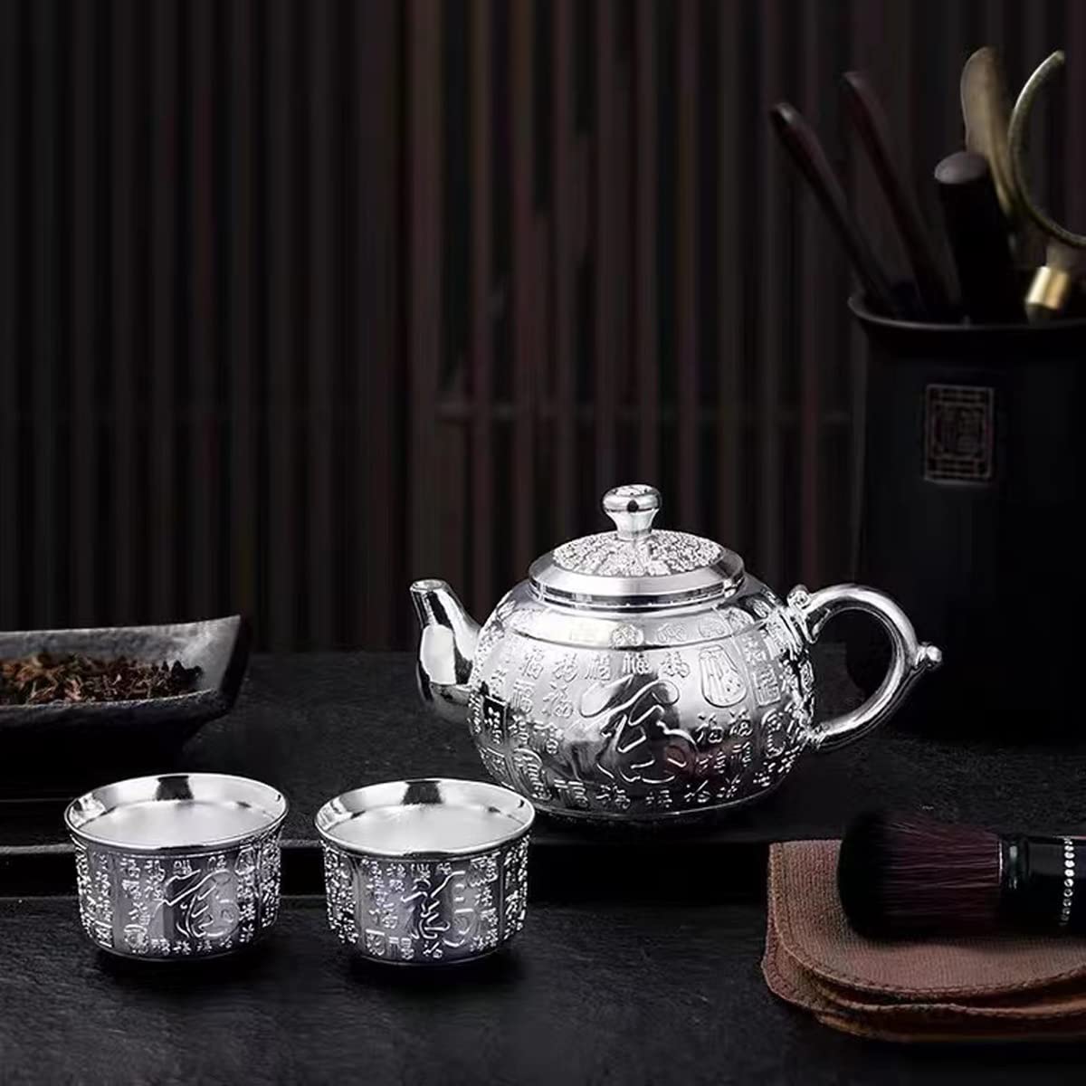 CHANJOON Baifu 999 sterling silver tea set, traditional Chinese craft kung fu tea set, equipped with four tea cups, can be used for afternoon tea or coffee (baifu silver set)