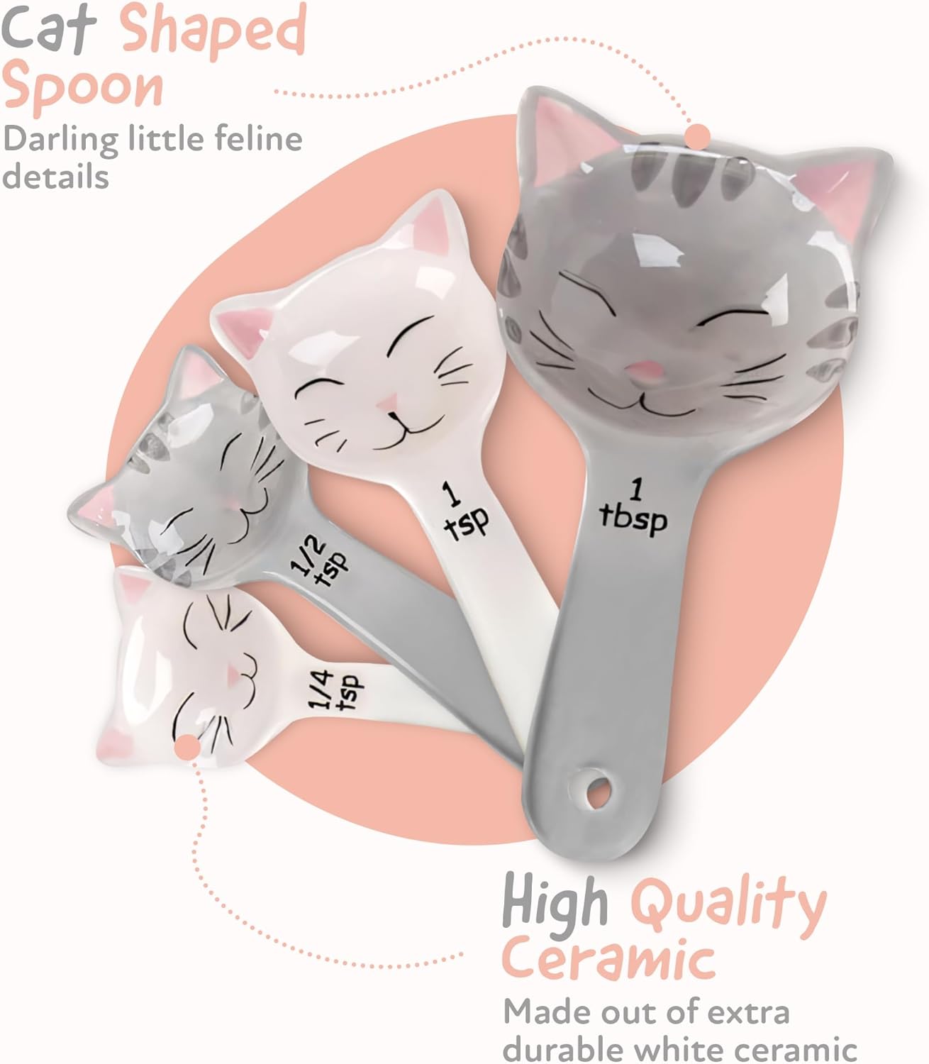 Cat Shaped Ceramic Measuring Spoons Set of 4 - Perfect Gift for Cat Lovers - Functional Kitchen Decor in White & Gray