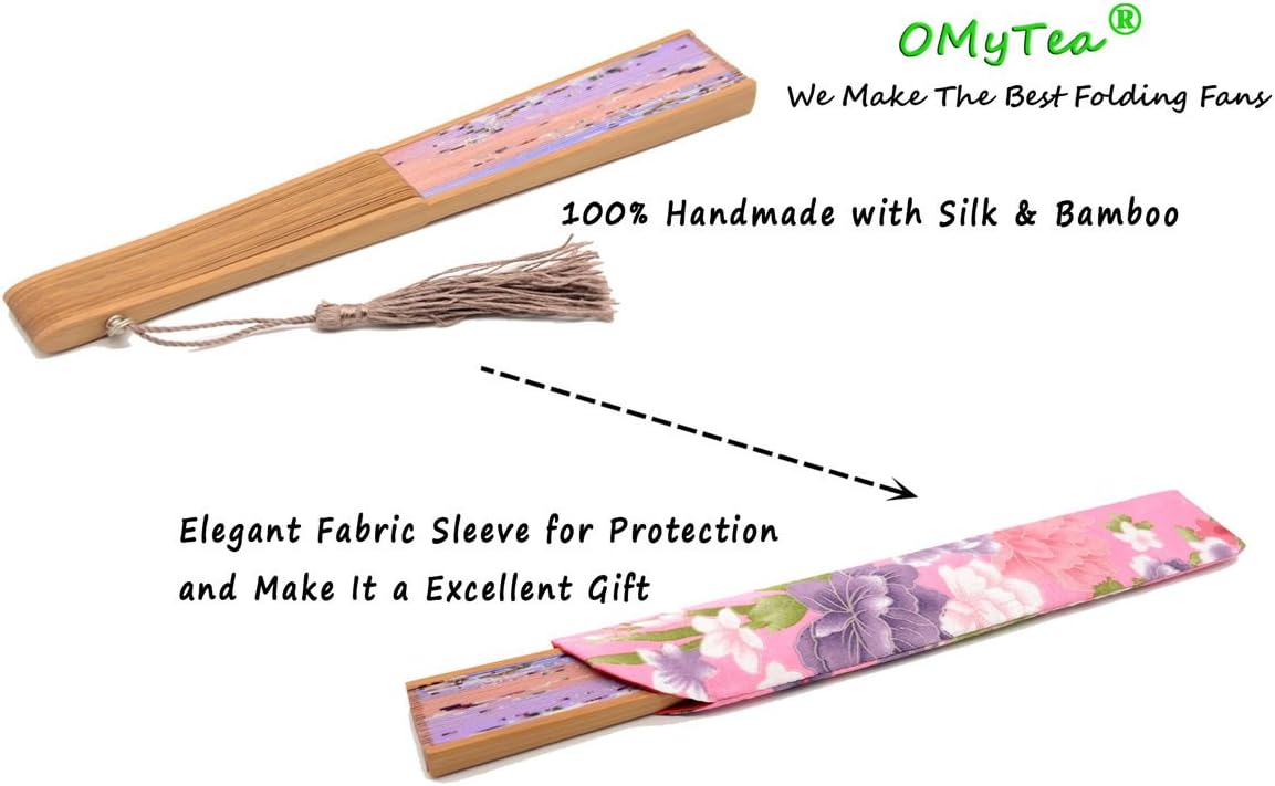 Handmade Silk Folding Fan with Bamboo Frame - Vintage Chinese/Japanese Style for Women & Girls - Gift-Ready with Protective Sleeve (WZS-33)