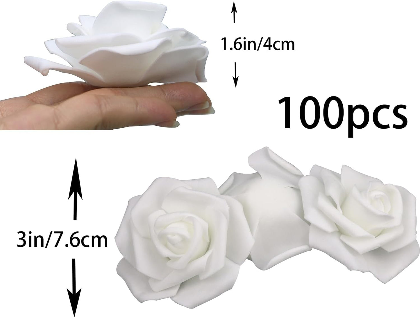 100PCS Real Touch 3D Foam Rose Heads - 3x1.6in for Wedding & Home Decor - White