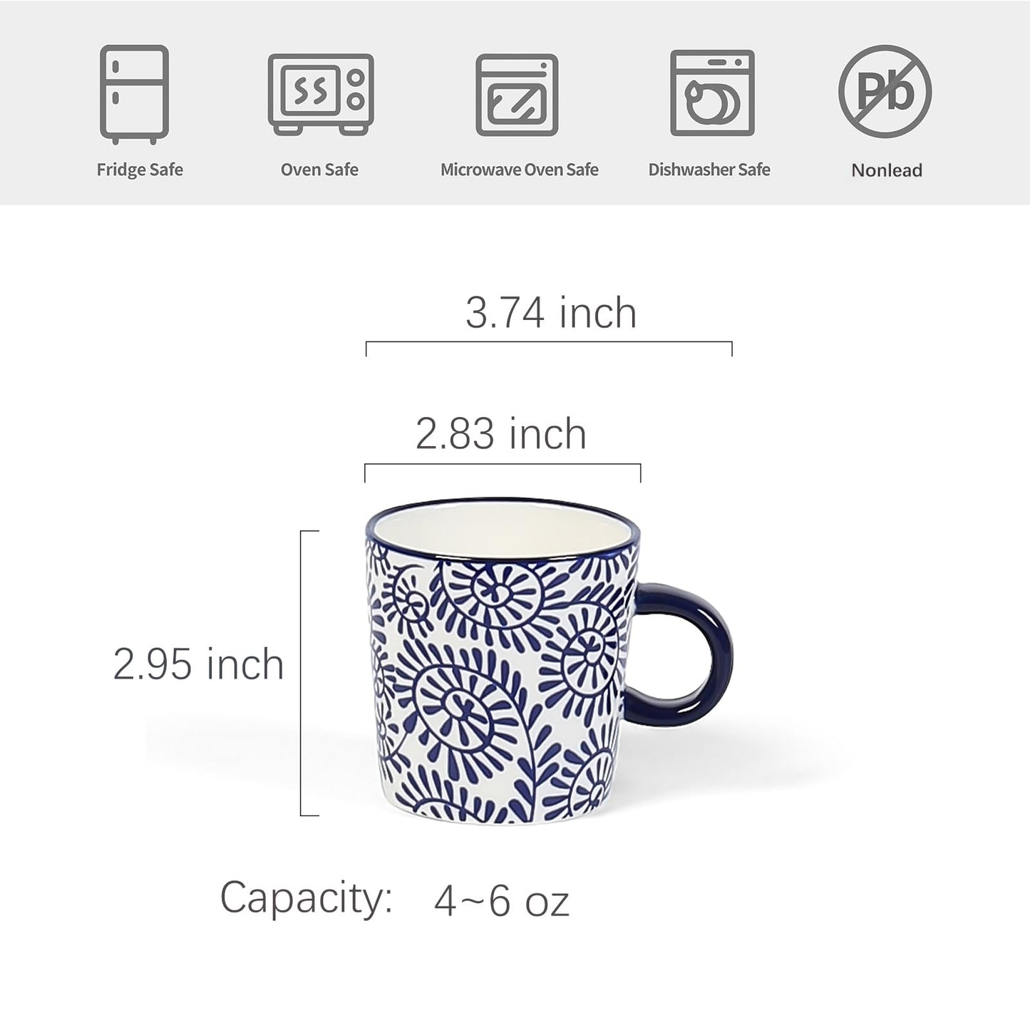 Selamica Ceramic Espresso Cups Set of 4, 5 Oz Espresso Mugs Porcelain Cappuccino Cups, Demitasse Cups for Coffee Latte Lungo Tea, Vintage Blue