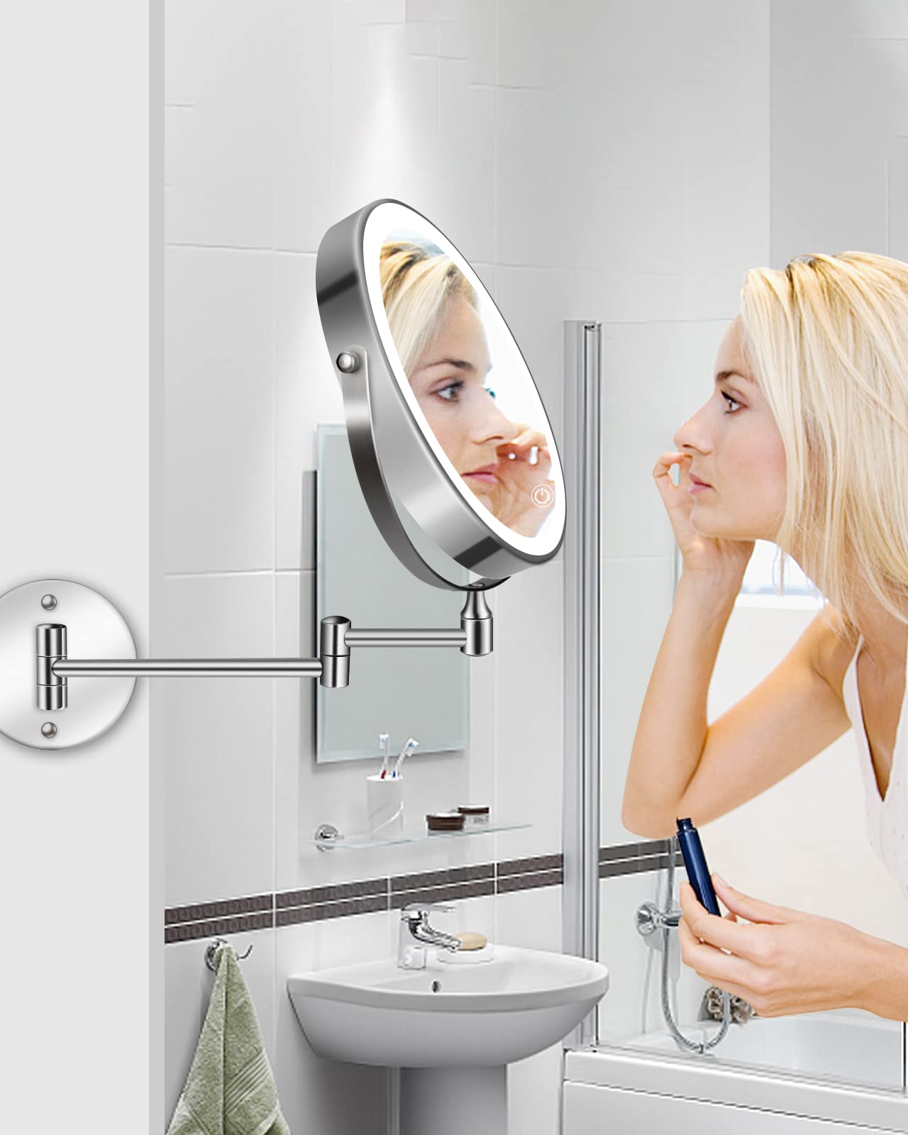 Rechargeable Lighted Wall Mounted Makeup Mirror, 8" Double-Sided 1X/10X Magnifying Bathroom Mirror with 3 Color Lighting, Touch Screen Dimmable 360°Swivel 13 Inch Extendable Chrome Vanity Mirror