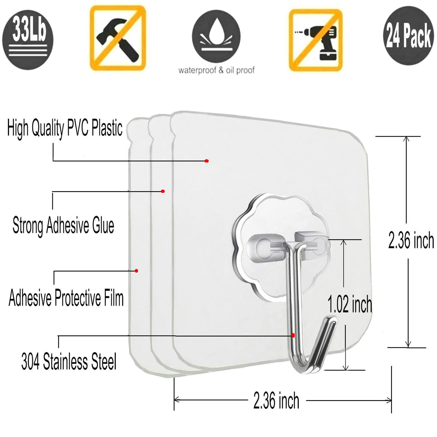 Jwxstore 12 Pack Heavy Duty Self Adhesive Hooks - 33lb Max, Transparent, Waterproof, Sticky Wall Hooks for Keys, Bathroom, Shower, Outdoor, Kitchen, Door, Home Improvement, Utility
