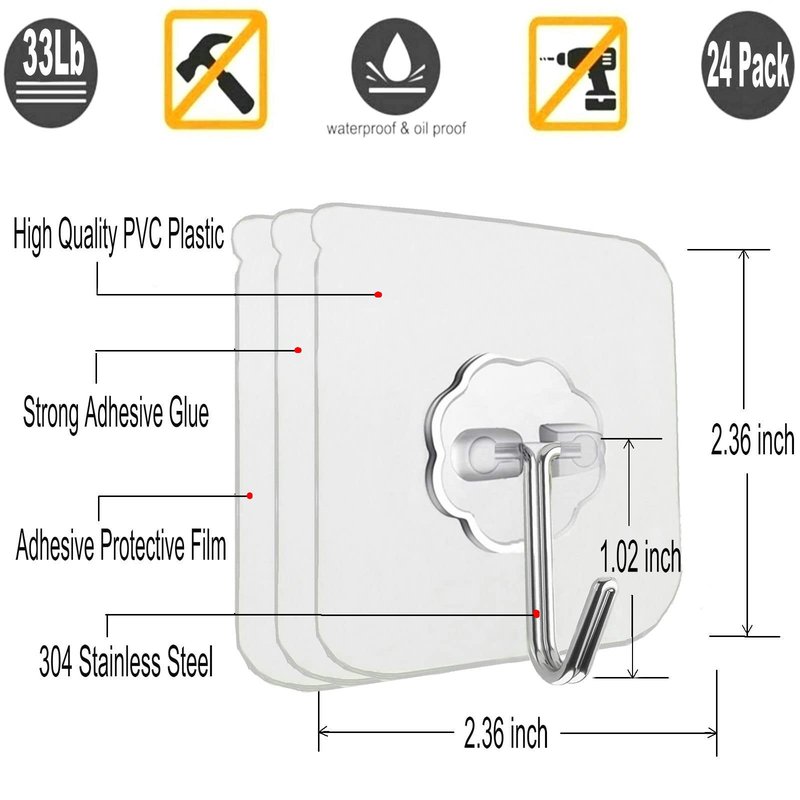 Jwxstore 12 Pack Heavy Duty Self Adhesive Hooks - 33lb Max, Transparent, Waterproof, Sticky Wall Hooks for Keys, Bathroom, Shower, Outdoor, Kitchen, Door, Home Improvement, Utility