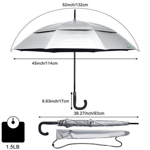 G4Free UPF 50+ 52 Inch UV Protection Umbrella, Automatic Open Hook Handle J Stick Golf Umbrellas for Rain, Sun & Wind Protection(Silver/Black)